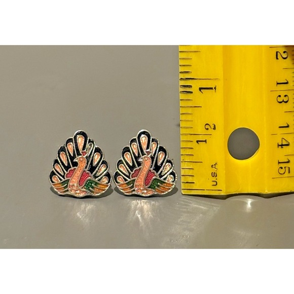 Vintage Cloisonné Peacock Bird Stud Earrings, 1/2 Inch, Used - Picture 6 of 6